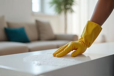 Professional performing routine dusting in a living room