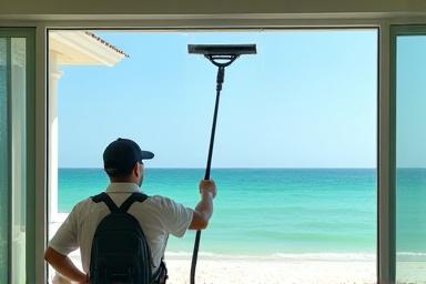 Exterior window cleaning of a modern home with ocean view